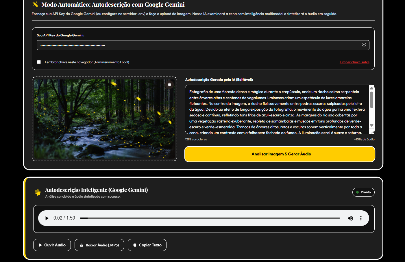 Interface do VisionVoice no Modo Alto Contraste com autodescrição gerada pela IA e player de áudio MP3