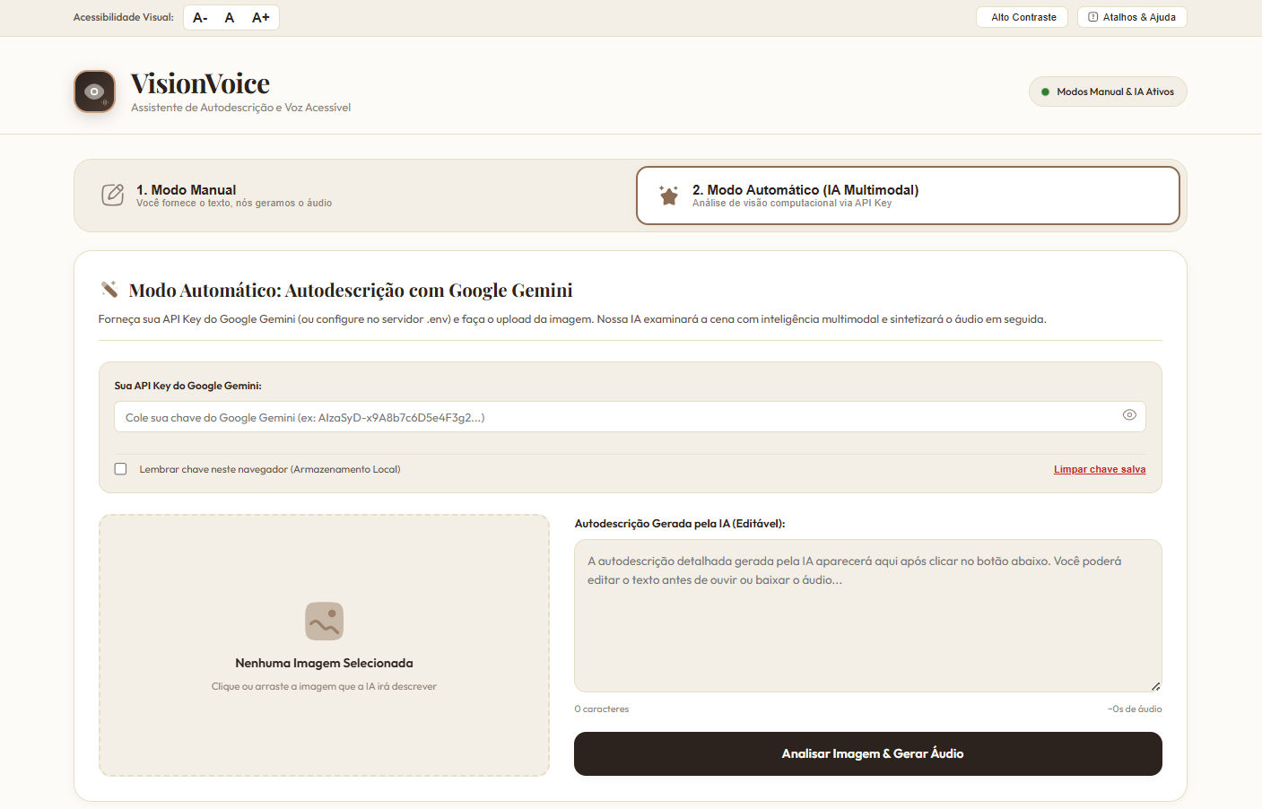 Interface do VisionVoice no Modo Padrão exibindo o seletor de modos e campo de chave API